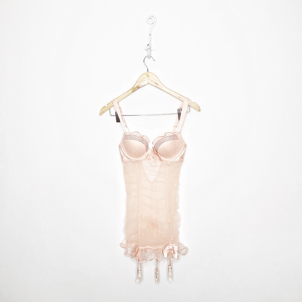 y2k 00s Victoria's Secret Garter Mesh Dress baby pink underwired womens 34B